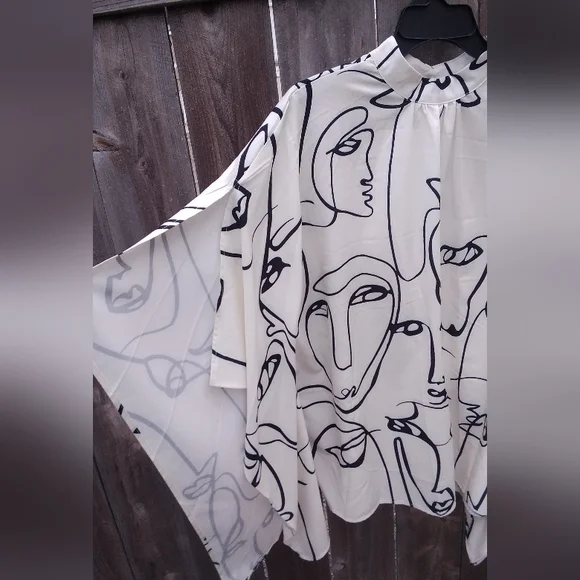 Womens Plus 3X Blouse Kimono Top Shirt Silky Pullover Faces Print - Picture 2 of 5
